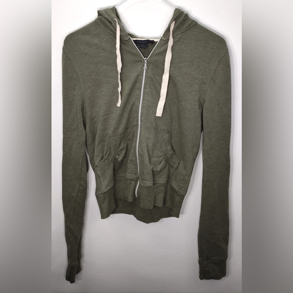 Express Olive Zip-Up Hoodie with Cream Accents